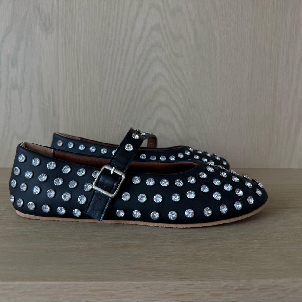 Girls' Black Mary Jane Flats with Crystal Studs